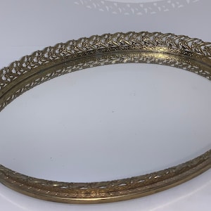 Vintage Gold Filigree Oval Vanity Mirror, Oval Dresser Tray, Oval Perfume Tray, Hollywood Regency, Cottage, Hanging Mirror