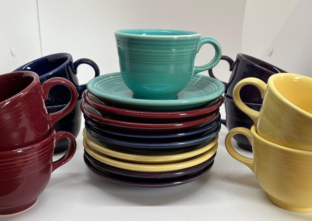 Fiesta Ware Cup and Saucer Sets, Yellow, Claret, Mulberry, Cobalt Blue