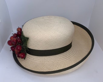 Vintage Kokin Of New York Straw Hat With Apples And Green Ribbon, Vogue Fashion, Designer Hat, Summer Hat