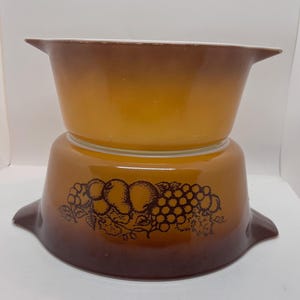 Vintage Pyrex Old Orchard Casserole Dishes, Set Of 2, 476, 2 1/2 Qt, 474, 1 1/2 Qt, Harvest Butterscotch Fruits, No Lids, Brown Pyrex