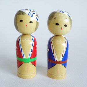 Pair of Japanese Creative kokeshi Girl & Boy Hand made wooden dolls #7394