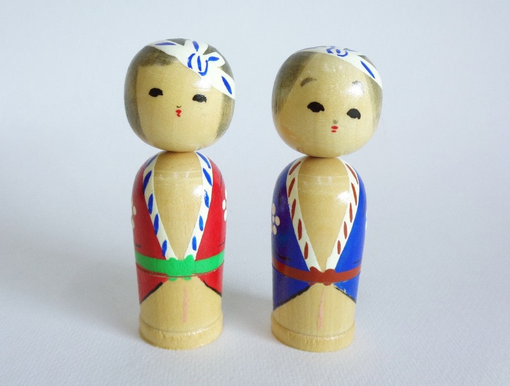 Pair of Japanese Creative kokeshi Girl & Boy Hand made wooden dolls #7394