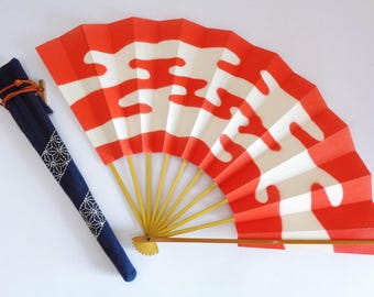 Luxury Dance fan Japanese Paper & Bamboo Mai Ogi in Indigo Dyed case , Preowned #8480