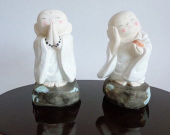 Pair of Jizo Bosatsu little monk Japanese Handmade Hakata Art dolls, Signed, document #7000