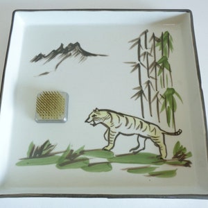 Ikebana Suiban vase for Moribana, Japanese Heavy ART ceramic Handmade platter with Tiger pattern & Ikebana Kenzan,marked,Original box #S5712