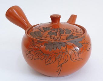 Kyusu teapot with carved flora & Stainless strainerJapanese Tokoname-yaki pottery Handmade Signed,  unused #8503
