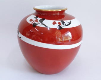 Noritake Porcelain Red Vase with gold rim, Vintage Japanese collectible vessel,  Original box #8460