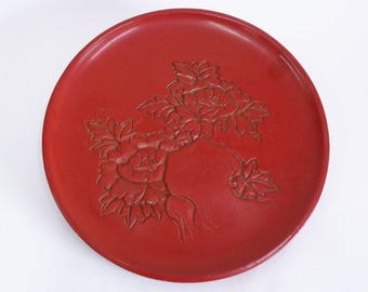 村上木彫堆朱塗盆：手彫り花皿 - Etsy 日本