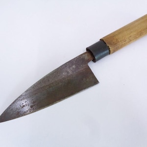 Cuchillo de chef KoDeba antiguo, cuchillo firmado a mano, cuchillo de cocina japonés original clásico, acero al carbono forjado a mano, vintage, con óxido-durt 8480