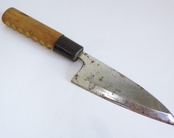 Oud Deba-koksmes, Japans handgemaakt handgesmeed gesigneerd koolstofstaal, houten handvat, roest-durt-DEFECTS #8480