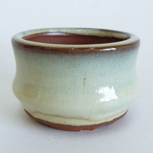 Puede incluir: Una maceta pequeña de cerámica blanca con un borde marrón. La maceta tiene una forma ligeramente redondeada y una base texturizada.