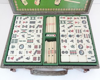 Japanese Mahjong Luxury set Bamboo base tiles Antique kit, wooden case, "Time traces" #BM2