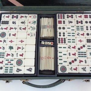 Japanese Mahjong Luxury set Bamboo base tiles Antique kit, wooden case, "Time traces" #BM2 image 1