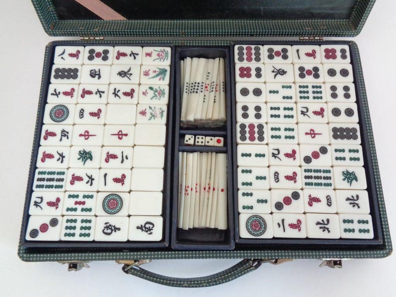 Japanese Mahjong Luxury set Bamboo base tiles Antique kit, wooden case, "Time traces" #BM2 image 1