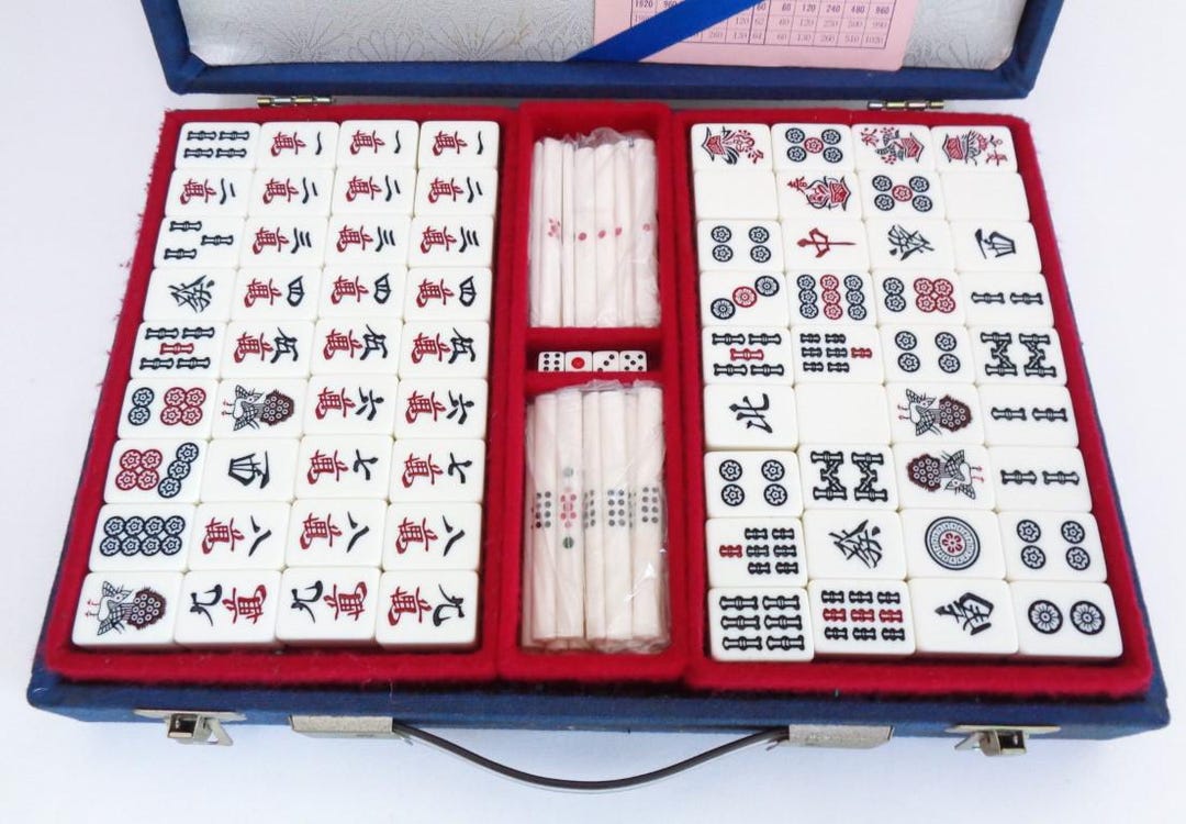 Mahjong-set, draagbare Chinese mahjong, traditionele Chinese mahjong-spelset voor thuis of op reis, mahjongspel familiespel vrienden verzamelen bordspel