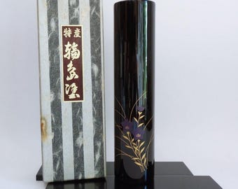 Lacquered Ikebana vase with Floral Maki-e & Copper insert Japanese Artistic lacquerware ,boxed #8504