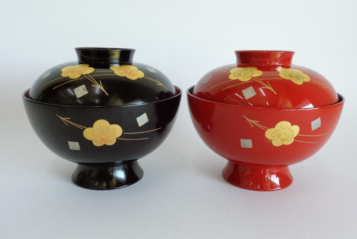 Bowls with lids pair/Japanese Urushi Lacquer Gold Makie Etsy