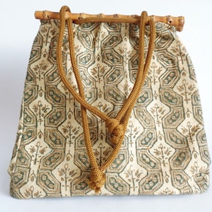 Japanese hand bag Art textile Kinchaku pouch wuth bamboo inserts ,Vintage Kimono bag #S7239