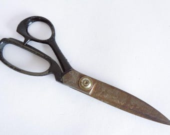 Tailor Sewing Scissors, Old Japanese Carbon Steel Dressmaking Shears, Handmade, Rust-Durt "Time trace" #8490