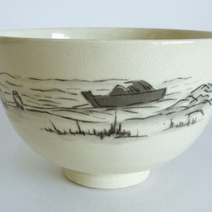 Chawan tea bowl with Sea view-Marine motifs pattern, Japanese Kyo-yaki Studio pottery matcha tea bowl ,Vintage Chawn bowl #S6726
