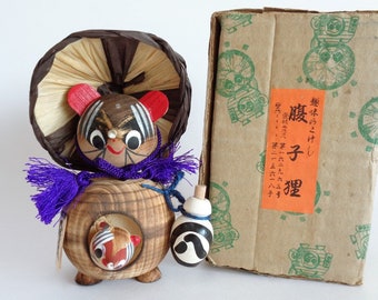 TANUKI 日本製木製こけし 手作り 縁起物 置物 ヴィンテージ オリジナル