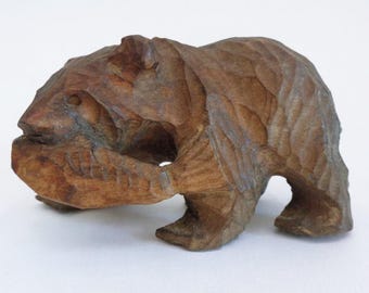 Kibori-Kuma wooden bear catch salmon Antique Japanese AINU Hokkaido Hand Carved  sculpture #8504