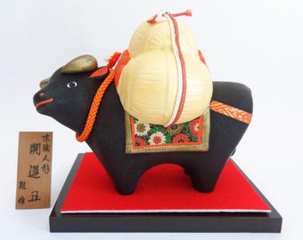 Ox-Bull Okimono Ornament Japanese Kyoto Artistic Pottery Good Luck charm, boxed #8504