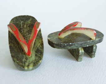 Marble stone Geta mini sandals, Vintage Japanese kimono clogs Miniature folk art #S6996