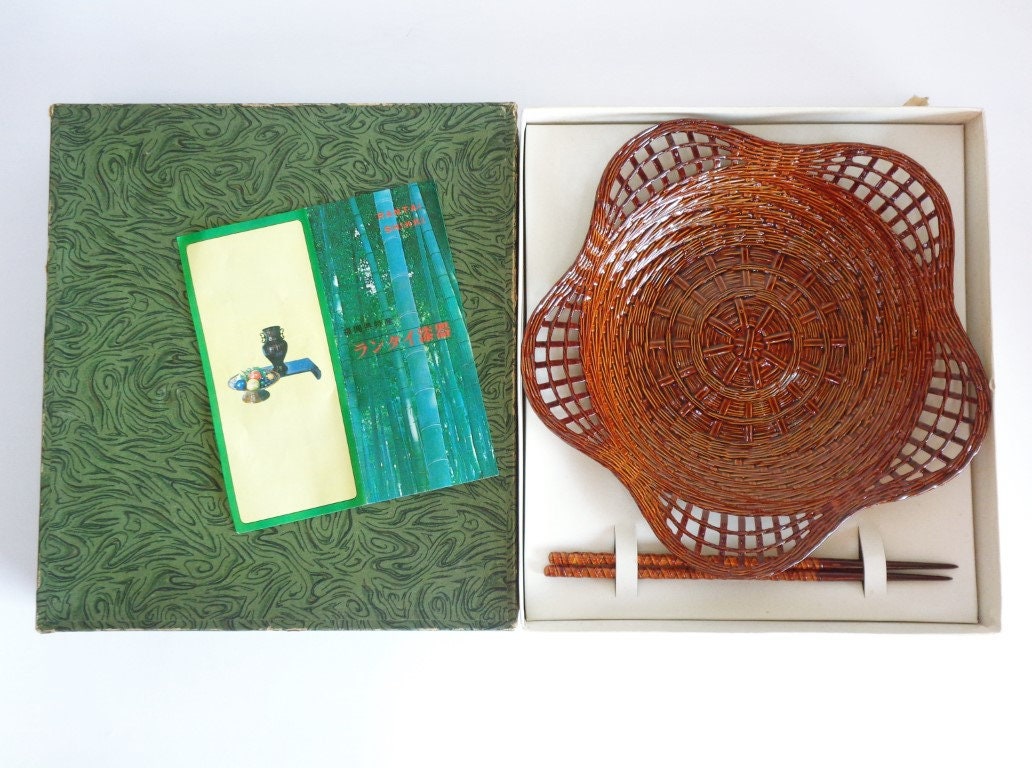 Lacquered Hand made-woven bamboo Plum bowl  & Chopsticks ,set of Japanese Rantai Shikki Artistic Lacquerware,Vtg. Unused, Box,Document #8280