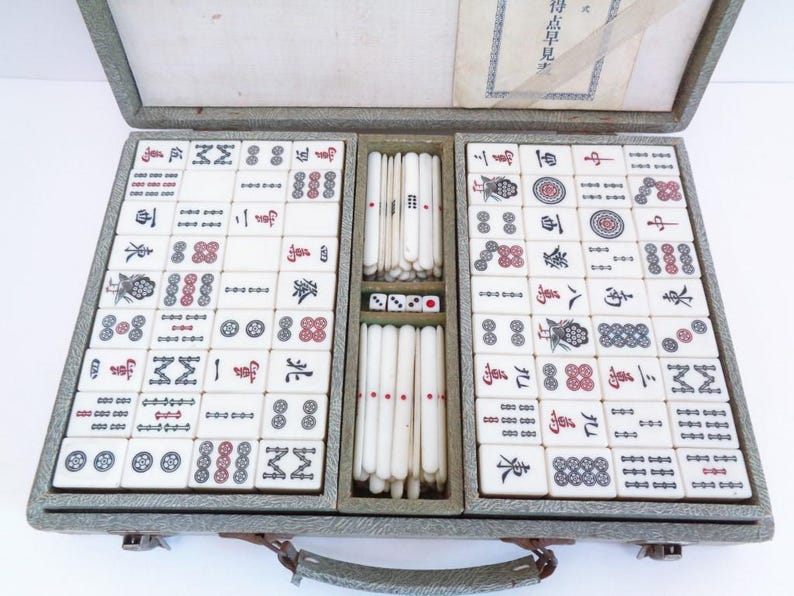 Japanese Mahjong Luxury set Bamboo base tiles Antique kit, wooden case, "Time traces" #BM2 image 1