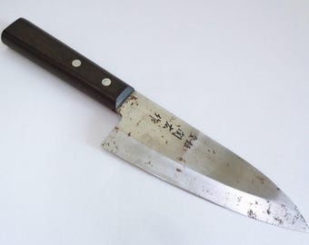 Deba Kochmesser Japanischer Kohlenstoffstahl, Massivholzgriff, Unbenutzt, Rost-„Zeitspuren“ #8480
