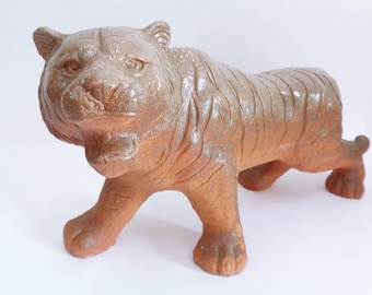 Tiger Okimono Ornament Japanese Shigaraki-yaki Hand made ceramic Sculpture statuette, Signed #8503