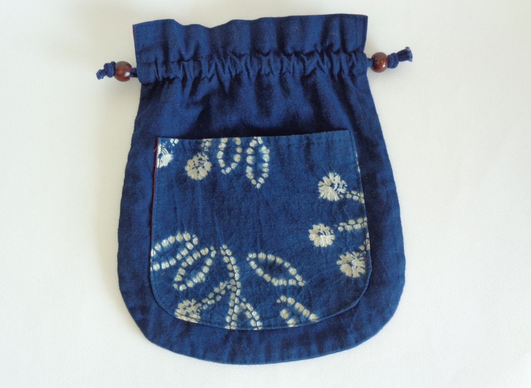 小物 koji S6882# Kinchaku Boro Pouch Japanese Indigo Dyed Handmade Bag