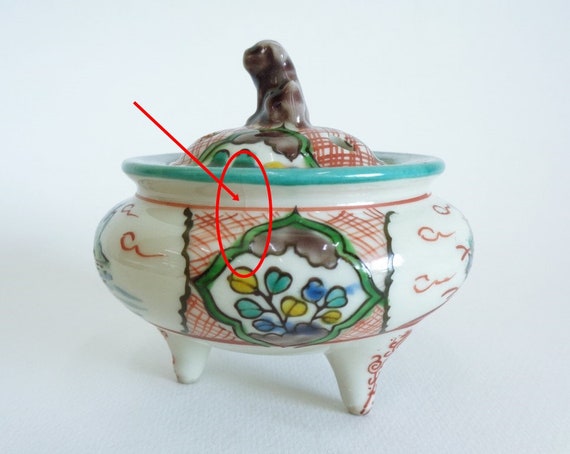 香炉 陶器 手作り 九谷焼香炉、ヴィンテージ日本製手作り陶器仏壇装飾品、刻印番号#7310