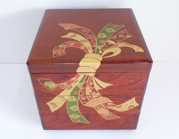 Jubako Box Japanese Keyaki Lacquered Wood Mokume Lacquerware 3-Tiers Stack Bento storage,Boxed #8501