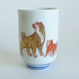 Akita dog Sake cup, Japanese Nabeshima porcelain Arita famous white  kaolin clay small cup wih Akita inu & Puppy pattern ,Marked #S6884