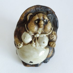TANUKI Sculpture Good Luck Okimono ornament,Old Japanese Ceramic Tanuki statuette #S7334