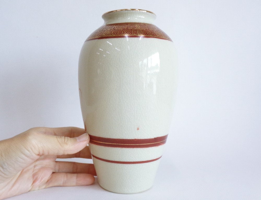 九谷焼 芸術的陶器 手描き花瓶、日本九谷焼 ヴィンテージフラワー