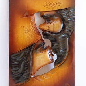 Ainu Wood carving plaque Wall hanging ornament Japanese Hokkaido Folk craft, Lacquered Wood board Hand carved Ainu Men & Women, Signed #8450