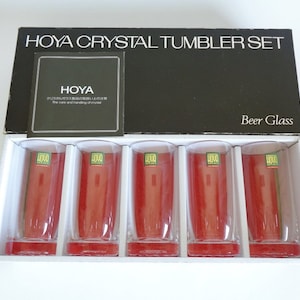 Hoya Crystal Beer glass, Vtg. Japanese Superb quality Crystal mid. size tumblers drinking glasses set 5 in original box #S5969