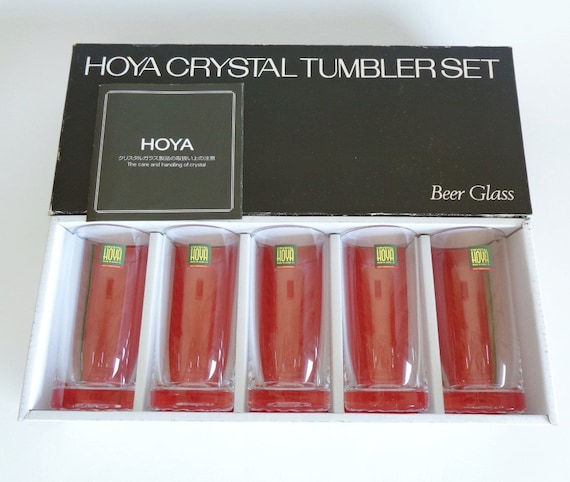 Hoya Crystal Beer Glass, Vtg. Japanese Mid-size Tumblers Set-5 in