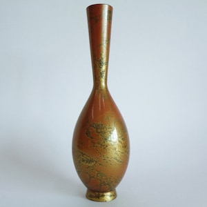 Takaoka-koperbronzen vaas, Japanse kleur gepatineerde bronzen vaas met lange hals Takaoka doki-koperlegering Flesvaas, gemarkeerd, HAS DENT #S5941