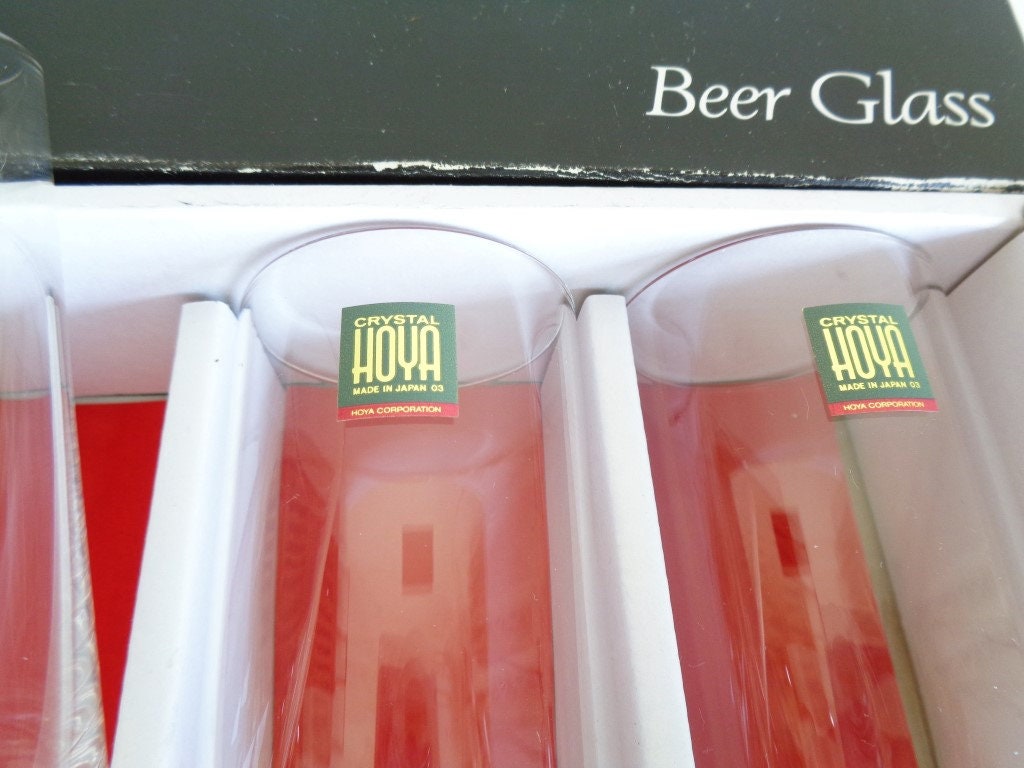 Hoya Crystal Beer Glass, Vtg. Japanese Mid-size Tumblers Set-5 in