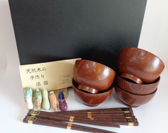 Natural lacquered wood Set- 5 Bowls -5 Chopsticks - 5 Chopsticks rest  /Japanese Urushi Lacquer ware, boxed #S4089