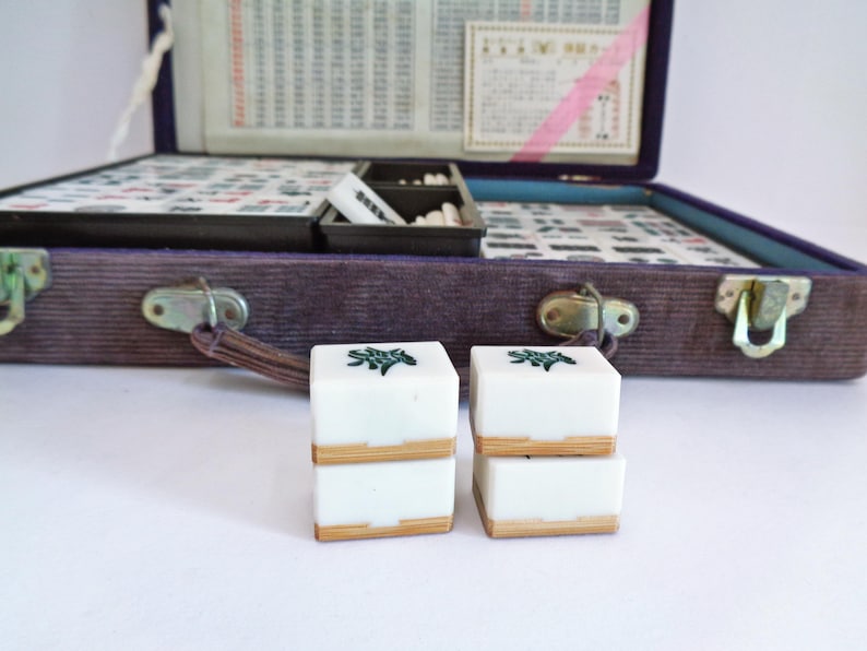 Japanese Mahjong Luxury set Bamboo base tiles Antique kit, wooden case, "Time traces" #BM2 image 8
