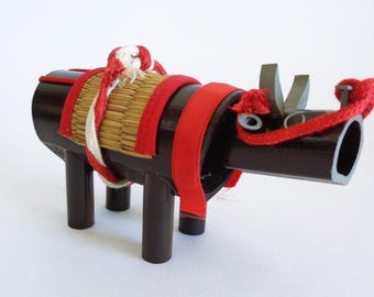 Japanese Bamboo Black Cow - Ox Figurine Bobblehead Fukushima, Sakushu Beef Folk Craft Ornament #8490