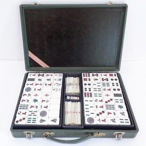 Japanese Mahjong Luxury set Bamboo base tiles Antique kit, wooden case, "Time traces" #BM2 image 2