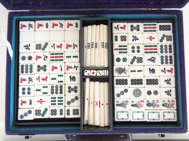 Japanese Mahjong Luxury set Bamboo base tiles Antique kit, wooden case, "Time traces" #BM2 image 4
