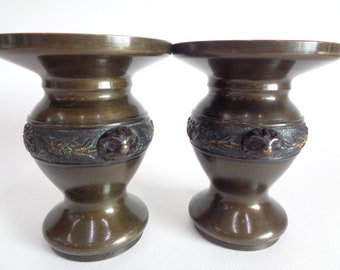 Pair of Buddhist Altar bronze vases Japanese Vintage Butsudan Kabin Flower Stand,  #S7360