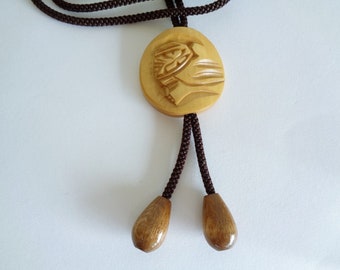 S5827# Ainu Bolo tie ,Handmade Japanese Hokkaido Ainu wood carving Bolo tie necklace / Shoestring Necktie